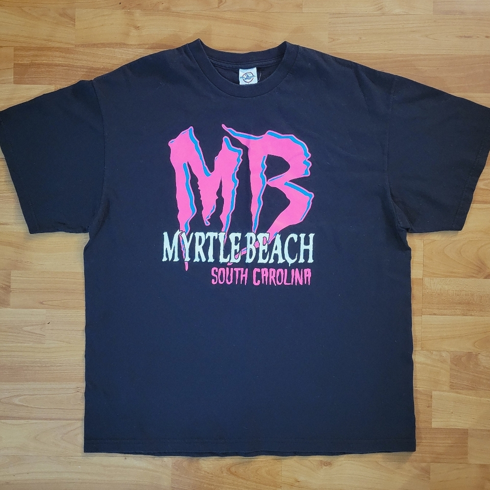 Myrtle Beach South Carolina Retro Neon Graphic Delta Tee Black And Pink, XL